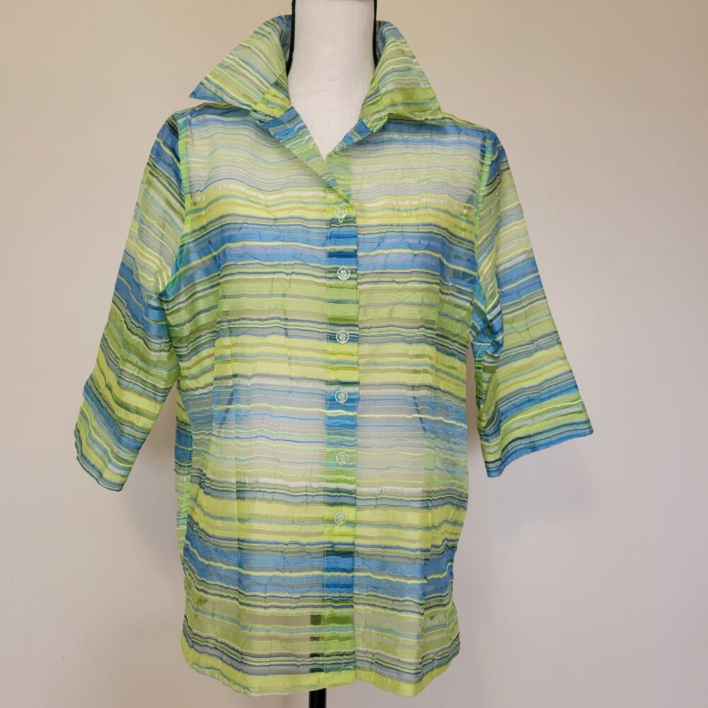 NWOT TanJay 10P Sheer Blouse Top Cover Up 3/4 Button Sleeve Button Front Collar